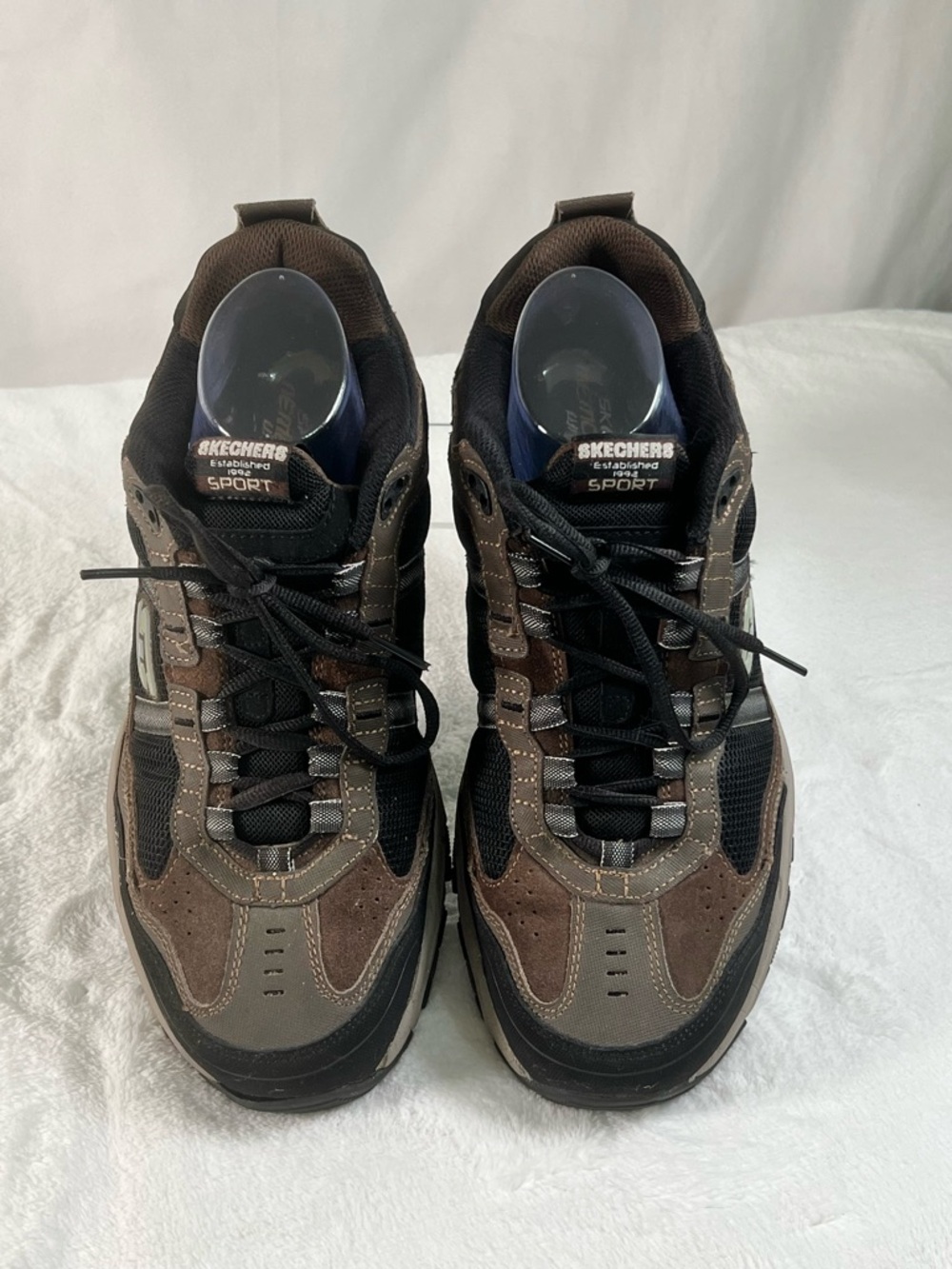 Skechers Memory Foam Black Brown Leather Wide Trail Sneakers Shoes Mens US 10.5